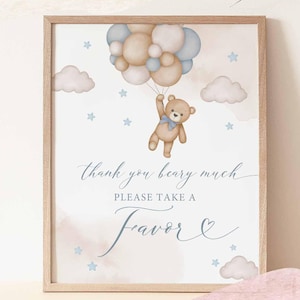 May include: A framed digital print with a watercolor design. It features a teddy bear floating with balloons, clouds, and stars. The text reads "Thank you beary much, Please take a Favor". Search: 05V2 for matching items.