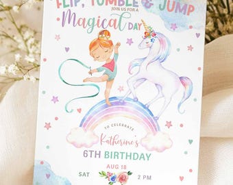 Editable ANY AGE Gymnastics Unicorn Magical Day Girl Birthday Party Invitation Gymnastic Invite Invites Digital Instant Download 56K1 (5-1)