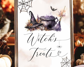May include: A framed print with a witch theme. The artwork features a witch's hat, cauldron, broom, and the words "Witch's Treats." Decorative elements include spiderwebs, a bat, and a spider. The print is a digital instant download.