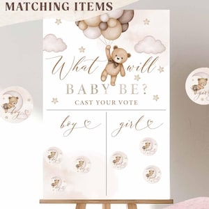 Boy or Girl Chart What Will Baby Be He or She Gender Reveal Teddy Bear Cast Your Vote Guess The Gender Sign Printable Instant Download 05V1
