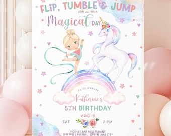 Editable ANY AGE Gymnastics Unicorn Magical Day Girl Birthday Party Invitation Gymnastic Invite Invites Digital Instant Download 56K1 (3-1)