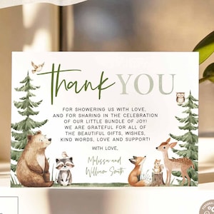 Modèle de carte de remerciement pour fête de naissance modifiable, neutre entre les sexes, animaux de la forêt, cerf, renard, ours