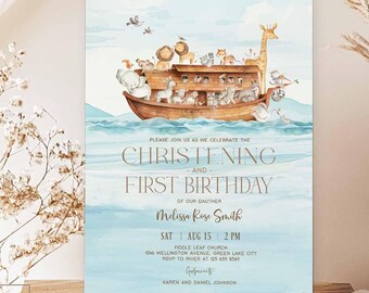 Editable Noah's Ark Christening 1st First Birthday Invitation Invite : Digital Template 14V3 (4)