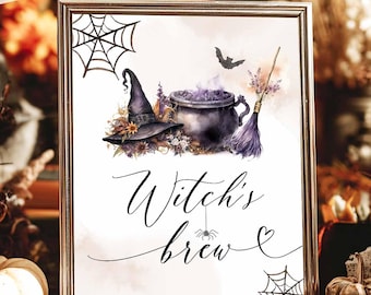 May include: A framed print with a watercolor illustration of a witch's cauldron, hat, broom, and bat. The text "Witch's Brew" is written in elegant script. The top of the print reads "DIGITAL INSTANT DOWNLOAD. SOLD AS IS" and "SEARCH: 48V1 FOR MATCHING ITEMS".