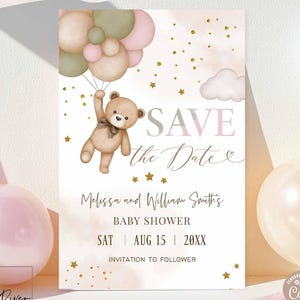 Modèle de douche modifiable or rose sauge garçon fille ours en peluche, nous pouvons attendre le sexe, réservez la date 05V13
