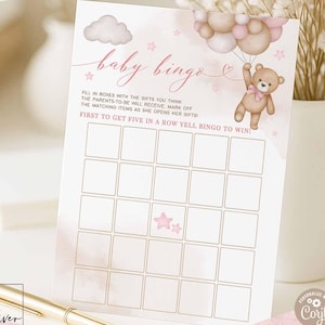 Editable Girl Pink Teddy Bear Baby Shower Baby Bingo Card We Can Bearly Wait Decor Games Printable Instant Download 05V3