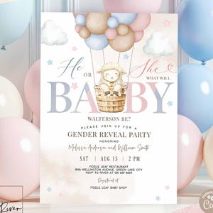 Invitación editable en azul y rosa para revelar el género de un corderito, globo aerostático, plantilla para baby shower con chispas 67V1 (1)