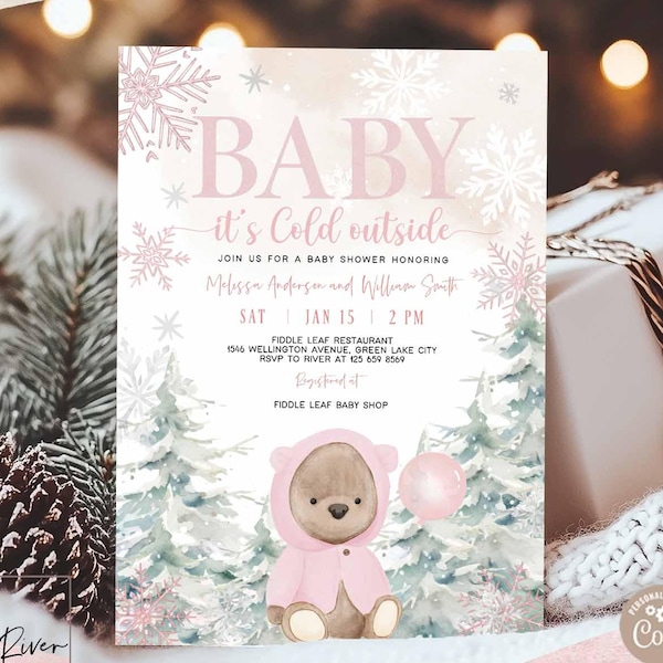 Editable Winter Pink Girl Bear Baby It's Cold Outside Teddy Bear Snowflake Balloon Baby Shower Invitation Sprinkle Shower Template 55V3 (1)