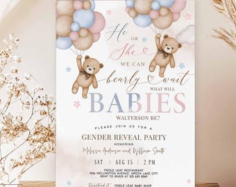 Editable Pink Blue He or She Gender Reveal Twin BABIES Teddy Bear We Can Bearly Wait Invitation Sprinkle Shower Invite Template 05T3 (3)