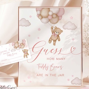 Globo de osito de peluche rosa editable para baby shower "Podemos esperar", letrero y tarjeta para adivinar cuántos, imprimible, descarga instantánea 05V3