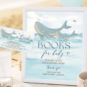 Livres modifiables de baby shower de baleine bleu foncé sous les animaux marins pour bébé signe et carte modèle de carte d'insertion de saupoudrage de baby shower 24V1