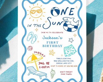 Hand Drawn Whimsical Boy First Birthday Invitation: ONE in the Sun Party Template Printable Digital Download 18K2 (1-2)