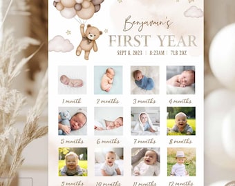 May include: A baby's first year milestone poster with photos from 1 to 12 months. The poster features a teddy bear with balloons, the text "Benjamin's FIRST YEAR", and the date September 8, 2023. The poster is a self-edit template.