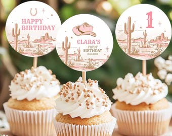 Editable Pink Cowgirl Theme Wild West Western 2" Cupcake Topper Sticker Label Thank you Birthday Baby Shower Sprinkle Template 61K1