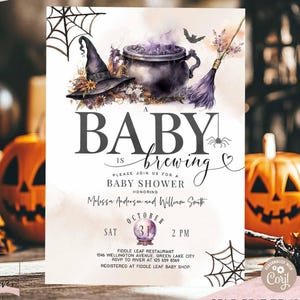 Editable Halloween A Baby Is Brewing Witch Baby Shower Invitation Gender Reveal Invitation Sprinkle Shower Digital Instant Download 48V1 (1)