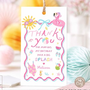 Hand Drawn Whimsical Girl Pool Party Birthday Favor Tag: Editable Label Sticker (Digital Template) 20K1