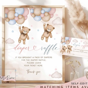 May include: A framed baby shower sign with teddy bears holding balloons, with the text "diaper & raffle". The sign also includes the text "If you brought a pack of diapers for the diaper raffle, please leave your ticket here. Thank you."