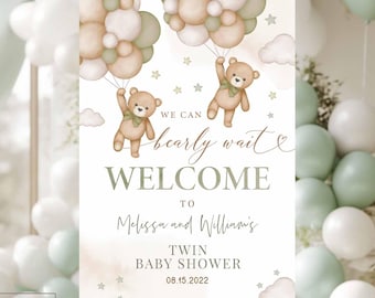 Redigerbar TVILLING Salviagrön Tvilling Nallebjörn Babyströssel Könsavslöjande Babyshower Välkomstskylt Utskrivbar Mall Direkt Nedladdning 05T7