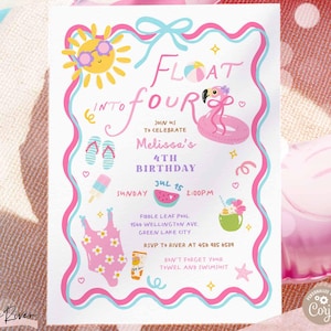 手描き風の風変わりな女の子の4歳の誕生日招待状：Float into FOUR テンプレート 印刷可能なデジタルダウンロード 20K1 (4)