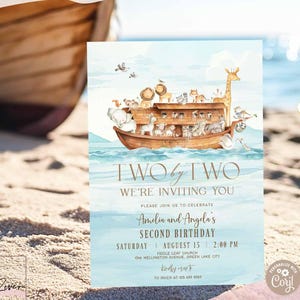 Plantilla de invitación de cumpleaños infantil editable de dos en dos para el segundo cumpleaños de gemelos, género neutro, Arca de Noé en el mar, animales, 14V3 (2)