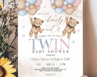 Editable Pink Blue Twin Baby Shower Twins Shower Twin Teddy Bear We Can Bearly Wait Invitation Sprinkle Shower Invite Template 05T3 (4)