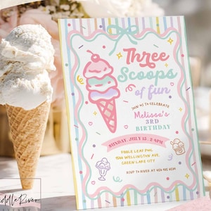 Hand Drawn Whimsical Girl Rainbow Ice Cream 3rd Birthday Invitation: Three Scoops of Fun Template Printable Digital Download 74K2 (3)