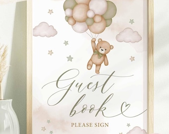 Gender Neutral Sage Green Teddy Bear Guestbook Sign Gender Reveal Bearly Wait Decoration Sign Printable Instant Download 05V4