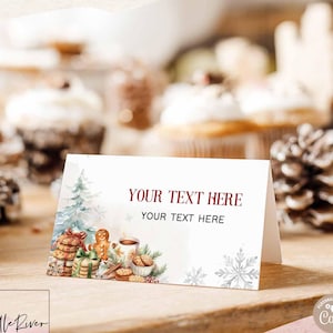 May include: A white folded card with burgundy text reading "YOUR TEXT HERE". It has a watercolour illustration of festive cookies, a gingerbread man, and a Christmas tree. The text "SEARCH: 51V1 FOR MATCHING ITEMS" is at the top.