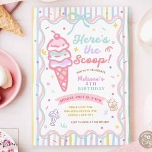 Hand Drawn Whimsical Girl Rainbow Ice Cream Any Age Birthday Invitation: Here's the Scoop Template Printable Digital Download 74K2 (1)