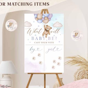 Blue Lavender Boy or Girl What Will Baby Be Reveal Teddy Bear Cast Your Vote Guess The Gender Sign Printable Instant Download 05V21