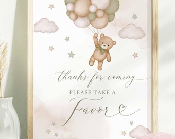 Gender Neutral Sage Green Teddy Bear Thanks For Coming Favor Sign Gender Reveal Bearly Wait Decoration Sign Printable Instant Download 05V4