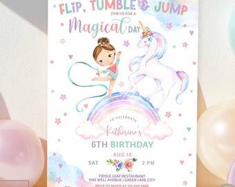Editable ANY AGE Gymnastics Unicorn Magical Day Girl Birthday Party Invitation Gymnastic Invite Invites Digital Instant Download 56K1 (4-1)
