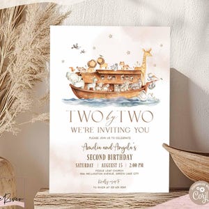 Editable Two by Two 2nd Second Birthday Twin Twins Birthday Gender Neutral Noah&#39;s Ark Theme Animals Kid Birthday Invite Template 14K1 (2-1)