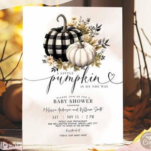 May include: Baby shower invitation with a watercolor design featuring two pumpkins, one black and white buffalo plaid, the other white. The text reads "A little pumpkin is on the way" with event details.