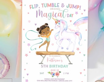 Editable ANY AGE Gymnastics Unicorn Magical Day Girl Birthday Party Invitation Gymnastic Invite Invites Digital Instant Download 56K1 (2-3)