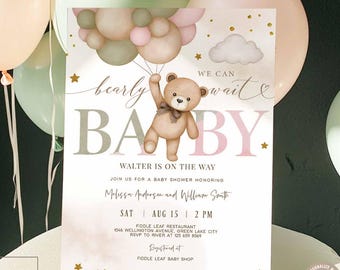 Editable Gold Pink Sage Green Boy Girl Teddy Bear We Can Bearly Wait Gender Reveal Invitation Sprinkle Shower Invite Template 05V13 (2)