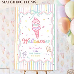 Hand Drawn Whimsical Girl Rainbow Ice Cream Birthday Welcome Sign Any Age Printable Template Instant Download 74K2 (1)