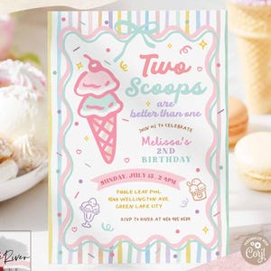Hand Drawn Whimsical Girl Rainbow Ice Cream 2nd Birthday Invitation: Two Scoops better than one Template Printable Digital Download 74K2 (2)