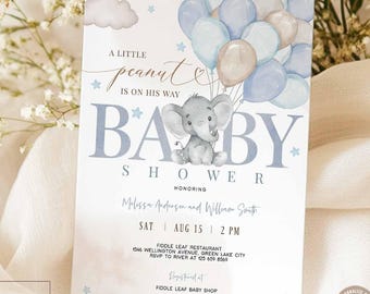 Editable Blue Air Balloons A Little Peanut Is On His Way Blue Boy Elephant Invitation Sprinkle Shower Invite Template 06V2 (1)