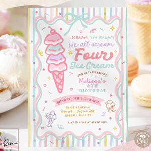 Hand Drawn Whimsical Girl Rainbow Ice Cream 4th Birthday Invitation: FOUR Ice Cream Template Printable Digital Download 74K2 (4)