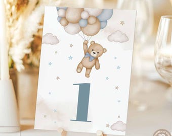 Plantilla editable de osito de peluche azul para baby shower, bautizo, cumpleaños, número de mesa editable, imprimible, descarga instantánea 05V2