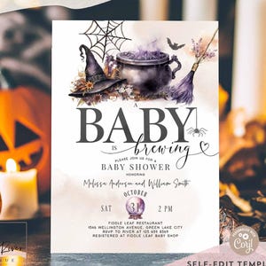Editable Halloween A Baby Is Brewing Witch Baby Shower Invitation Gender Reveal Invitation Sprinkle Shower Digital Instant Download 48V1 (2)