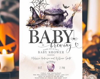 May include: A Halloween-themed baby shower invitation with a witch's hat, cauldron, and broom. The invitation text reads "A Baby is Brewing" and includes the date, time, and location. The background features pumpkins and candles.