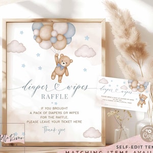 Ours en peluche bleu modifiable, ballon, nous pouvons attendre lingettes pour couches pour baby shower, signe et carte imprimables en téléchargement immédiat 05V2