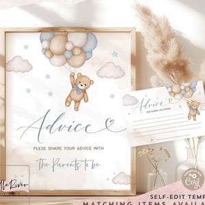 Panneau et carte modifiables pour les futurs parents - Jeu d'ours en peluche bleu - Saupoudrer de saupoudrer Bearly Wait - Téléchargement instantané imprimable 05V2