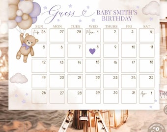 Può includere: Un calendario stampabile con un cuore viola e un orsacchiotto che tiene palloncini. Il calendario è per il compleanno di un bambino e dice "Indovina & Il compleanno di Baby Smith".