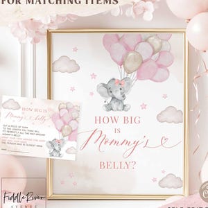 Elefante rosa editável, adivinha o tamanho da barriga da mamãe, jogo de cartas, chá de bebê, jogos de amendoim, para impressão, download instantâneo 06V3