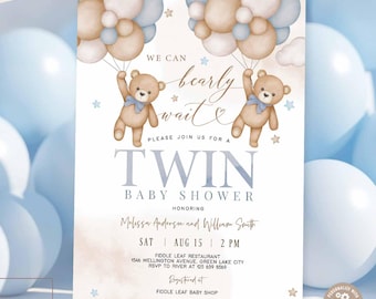 Könnte beinhalten: Eine Babyparty-Einladung mit zwei Teddybären, die Luftballons halten. Die Einladung lautet "We can bearly wait" und enthält Details für eine Zwillings-Babyparty. Das Design verwendet blaue und beige Farben mit Sternakzenten. Der Text "Matching Items Available" ist ebenfalls vorhanden.