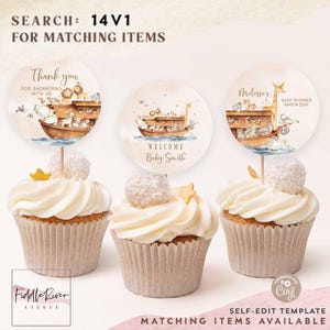 May include: Three cupcake toppers featuring a watercolour illustration of a wooden ark with animals. The toppers read "Thank you for showering with us", "Welcome Baby Smith", and "Melissa's Baby Shower Mar 14 20XX".