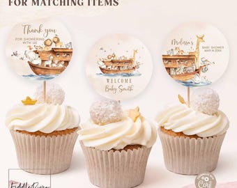Editable Gender Neutral Noah's Ark Theme Animals 2" Cupcake Topper Sticker Label Thank You Baptism Baby Shower Sprinkle Template 14V1